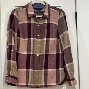 Plaid Button-Up Shirt in Burgundy and Tan